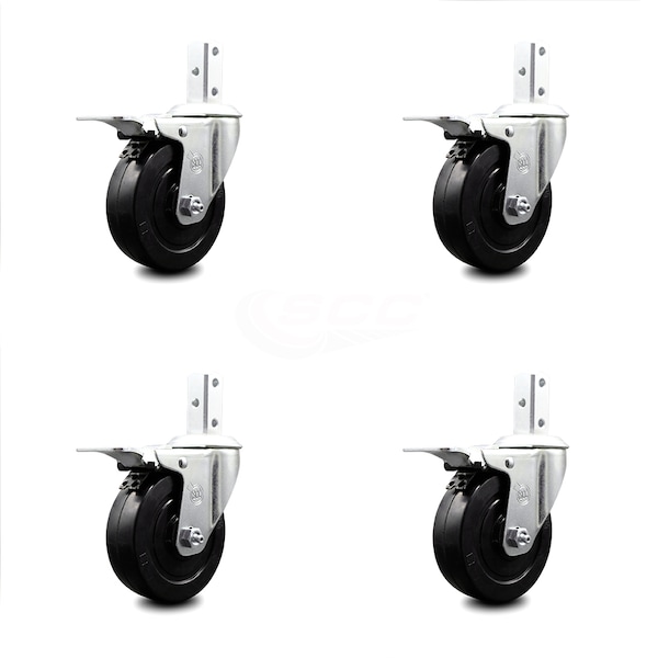 4 Inch Soft Rubber Wheel Swivel 7/8 Inch Square Stem Caster Set Total Lock Brake